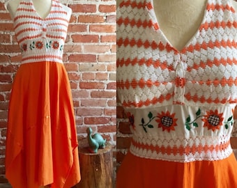 Vintage Orange Embroidered, Lace Accented, Handkerchief Hem Midi Halter Dress
