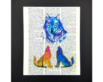 Wild Wolf Pack Family with Sparks of Glitter, Vintage Dictionary Page, Wall Decor