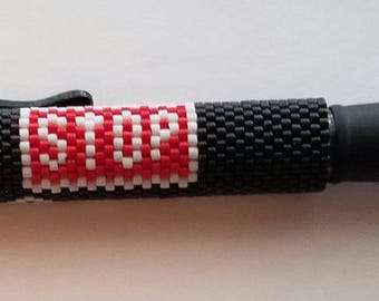My Pen, STOP, Beaded Pen Cover with G2 Black Pen SALE