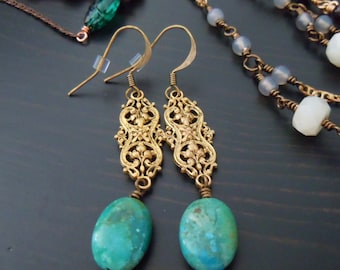 Earrings dangling Turquoise and prints brass (filigrees) - Bohemian chic - made in France
