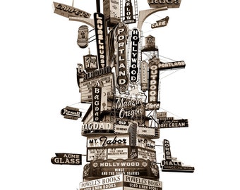 Portland Marquee Totem Art Print of Portland, Oregon - 11x14