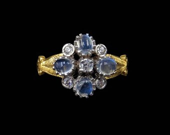 Moonstone and Paste 18ct Gold Gilded Cluster Scroll Ring | Antique Georgian Style Engraved Shoulders and Band | 18ct Yellow Gold on Silver