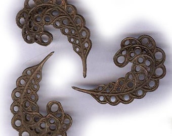 vintage FEATHER or QUILL shape brass findings old brass findings FRANCE ornate shapes three antique findings connectors