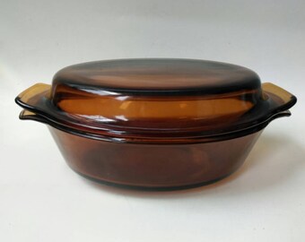 Vintage Amber Glass Anchor Hocking 1.5qt Casserole Pan with Lid