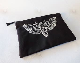 Death head moth gothic zip pouch, gothic, makeup bag, bag organizer, black embroidered purse, cosmetic bag, pencil case, entomology