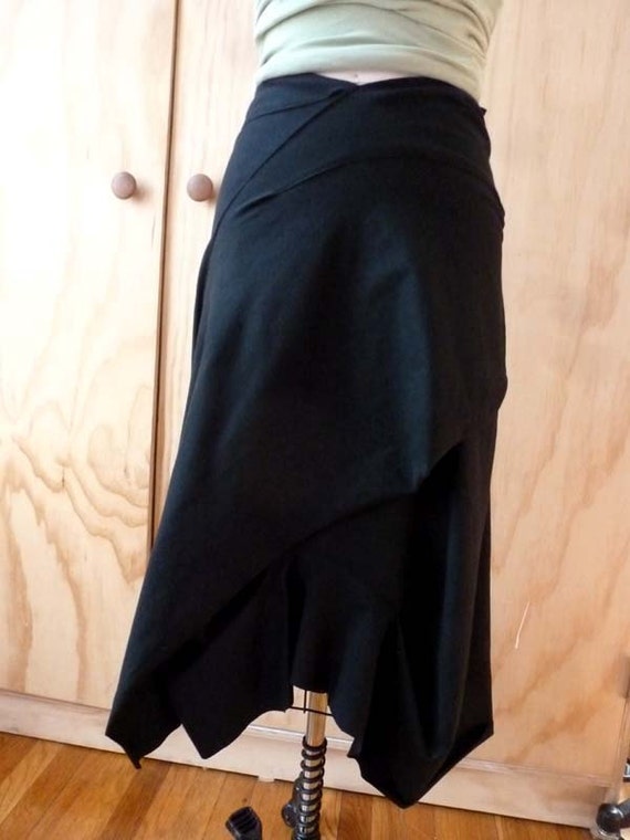 Black Cotton Spandex Skirt with drape front and raw edge/made