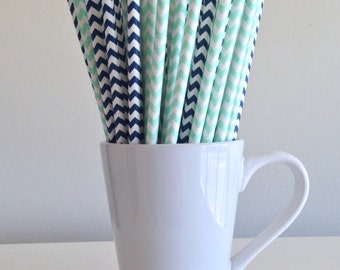 Mint Green and Navy Blue Chevron Paper Straws Party Supplies Party Decor Bar Cart Cake Pop Sticks Mason Jar Straws Graduation