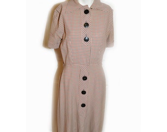 1940s WW2 Black and Red Ghingham Rayon Day Dress
