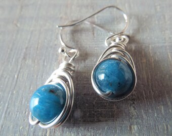 SALE! Apatite Earrings Blue Apatite Dangle Earrings Mothers Day Gift Sterling Silver Earrings Wrapped Earrings Apatite Jewelry Blue Stone