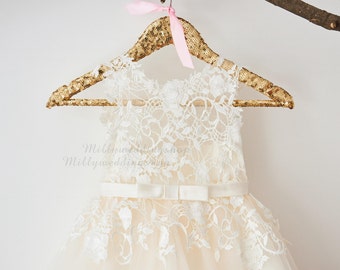 Ivory Lace Champagne Tulle Flower Girl Dress Wedding Bridesmaid Dress with Bow Belt M0049
