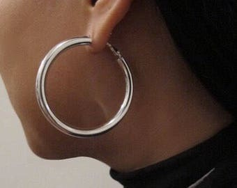 Sterling Silver 925 Thick Hoop "Sade" Earrings 2" Chunky Tubular