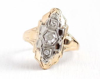 Diamond Shield Ring - Vintage 14k Yellow & White Gold Diamond Statement Fine Jewelry - Art Deco 1930s Size 5 1/2 Fine Filigree Embossed