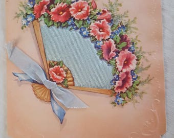 Vintage Anniversary Card-Unused. Fan with Flowers.