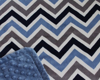 Minky Blanket Navy, Denim and White Chevron Print Minky with Denim Dimple Dot Minky Backing - Perfect Size for a Baby or Toddler