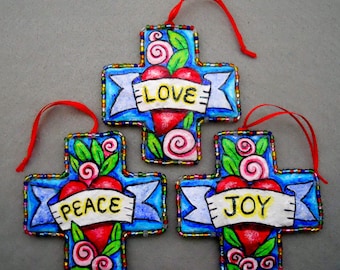 Heart Cross Trio, Original Heart Folk Art Ornaments, Love, Peace, & Joy with Roses, Paper Mache, Sacred Heart Art, Folk Art, Mixed Media