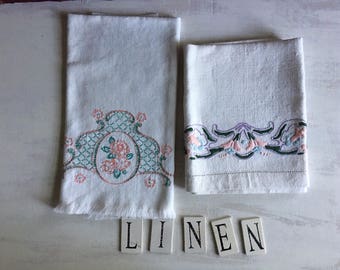 2 Vintage White Embroidered Guest Hand Towels