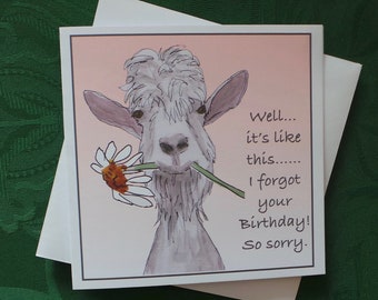 Animal Goat Cute Birthday Belated Greeting Card / Wildlife Greeting Card /Funny Card / Artistic Watercolour Prints Greeting Cards / by Clare