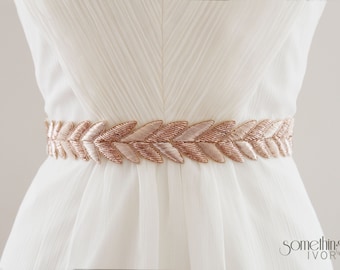HANABI in Rose Gold - Metallic Bullion Embroidered Bridal Belt, Wedding Sash