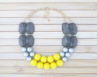 Yellow and Gray Statement Necklace, Yellow Multi Row Beaded Necklace, Yellow and Grey Bib Necklace, Multi Strand Chunky Necklace