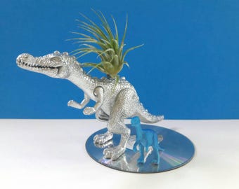 Upcycled Dinosaur Air Planter With CD Base, Air Plant, Recycled, Repurposed, Dinoplanter, Dinosaur Decor, Made By Mod.
