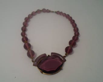 Antique Purple Art Deco Chocker Faceted Graduated Beads Large Center Stone Flapper Era