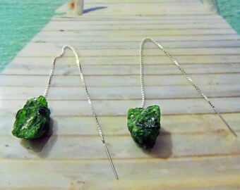 Sterling silver earrings 110mm Chrome diopsides rough 16 / 17mm