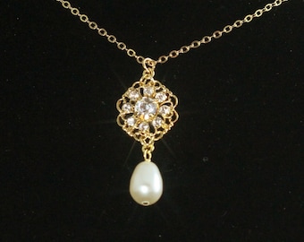 Gold Wedding Necklace -- Pearl Rhinestone Bridal Necklace, Swarovski Crystal Wedding Jewelry, Cream Pearl Wedding Necklace -- ALEXANDRA