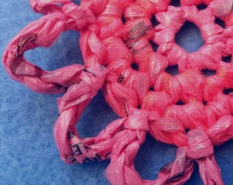 Pink Plarn Flower Dish Scrubby Pot Scrubber, recycled Weis plastic bags