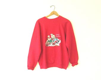 Vintage 80s/90s Merry KISSmas CHRISTMAS Holiday Kissing Bunnies Ugly HANES Sweatshirt Sz M/L