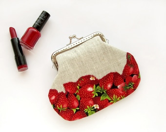Red strawberry frame purse, fruit berries linen wallet with clasp