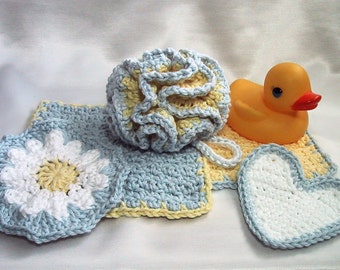 Baby Bath 5 Piece Set - 1 Bath Puff, 2 Wash Cloths, 2 Scrubbies - Yellow & Blue - Nice Baby Shower Gift - Handmade Crocheted - Cotton Yarn