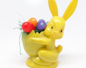 Vintage 1950's Rosbro Plastic Easter Rabbit Candy Container, Toy Bunny Holding Egg, Happy Easter