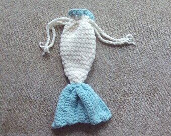 Mermaid,drawstring,bag,purse,child,children,kids,girls,crocheted,gift,toys,cream,teal