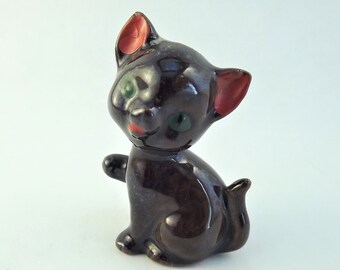 Glass Cat Figurine, Brown Cat, Redware Cat, Porcelain Vintage Cat, Large Miniature Cat, Green eyed cat