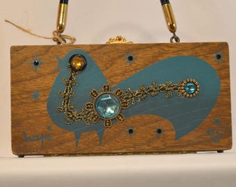 1960s Enid Collins of Texas Hapi Jeweled Blue Bird Wooden Box Purse