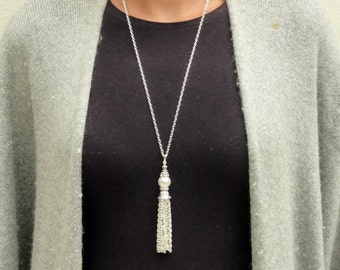 Pearl Tassel Necklace, Silver Tassel Necklace, White Pearl Tassel Necklace, Silver Tassel Pendant, Beaded Tassel, Long Tassel Pendant