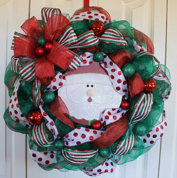 Christmas Deco Mesh Wreath. Santa Deco Mesh ribbon wreath.