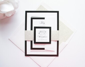 Glamorous Wedding Invitations, Glitter Wedding Invitations, Elegant Wedding Invitation, Calligraphy, Black and White Wedding - SAMPLE SET