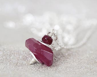 Silver Ruby Necklace - Genuine Ruby Necklace - Red Stone Necklace - 40th Anniversary Gift - Rough Ruby Pendant - July Birthstone Gift