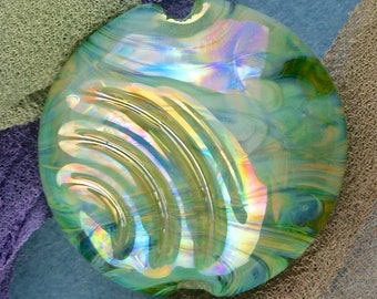 Handmade Lampwork Focal Bead "Spirlentil II" SRA Glass Bead Lentil ~ OOAK Textural Organic Silver Glass Lustre ~ Sea Tones