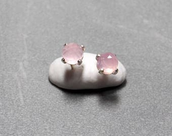 5mm Faceted Pink Chalcedony Gemstone Post Earrings Prong set in Sterling Silver