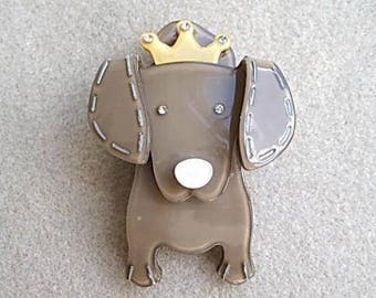 Quirky & Cute Taupe/Coffee Lucite? Crystal Dog Brooch