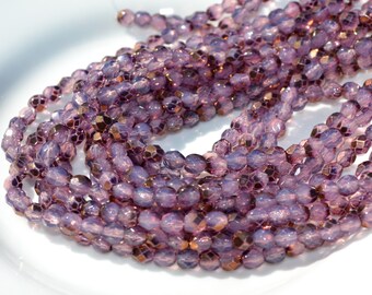 Milky PInk with COpper 4mm faceted Fire Polish Round Beads 50