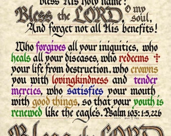 Psalm 103:1-5, 22 - Hand Lettered Calligraphy Print - Digital Download - Scripture - Christian décor