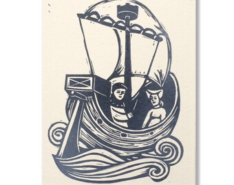 Carte de vœux originale "Bateau"/ Hand-printed "Boat" greeting card