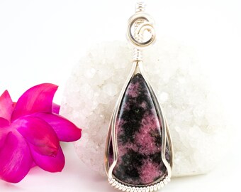 Pink Stone Pendant - Pink And Black Necklace - Rhodonite Pendant Necklace - Wire Wrap Pendant - Pink Stone Necklace - Pink Jewelry