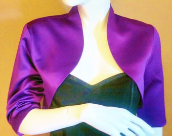Purple Satin Bolero / Shrug / Cropped Jacket Fully Lined - UK 4-26/US 1-22 3/4 Sleeves - Formal/Wedding/Bridal