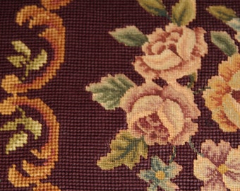 Antique Petite Point Burgundy Roses Needlepoint Chair Covers,