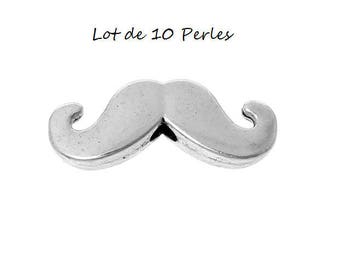 Set of 10 beads silver mustache (D21)