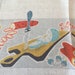 Retro Linen Tablecloth, Vintage Salad Cauliflower Vegetables Utensils Food MOD Graphics, Orange Blue White Linen 50 x 50